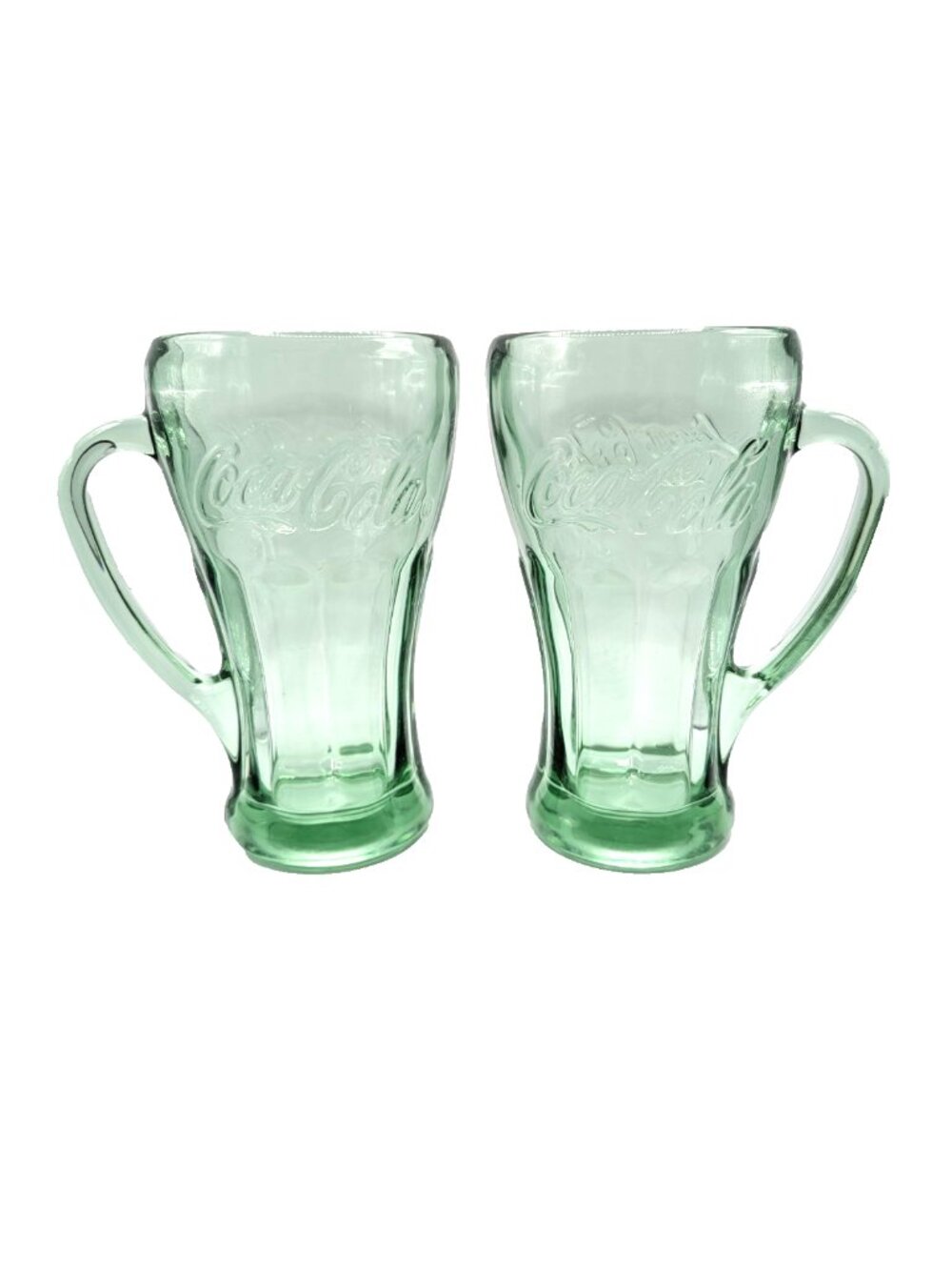 Set of 2 Vintage Libbey Green Glass Coca Cola Glasses with Handles 80s Retro EUC
